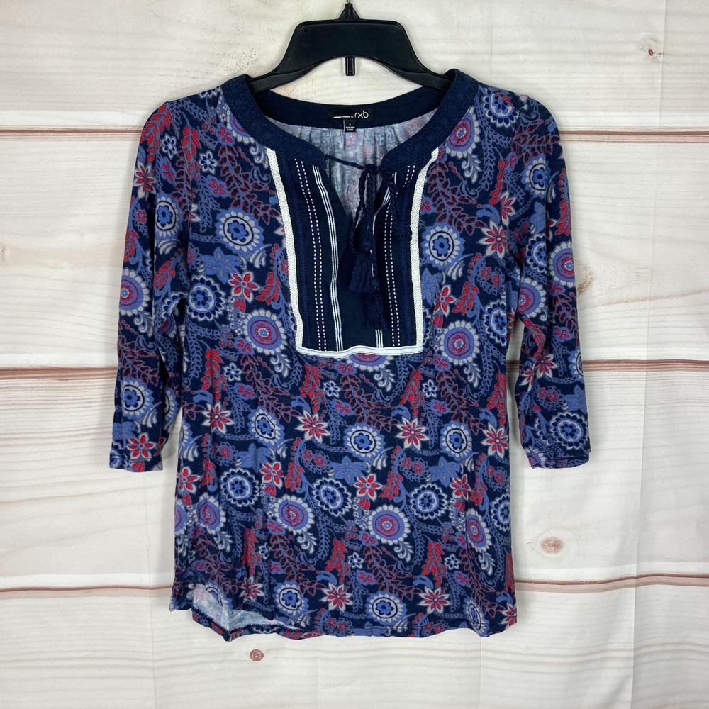 RXB Top Womens Small Blue Paisley 3/4 Sleeve Knit Blouse Tassels Pullover‎